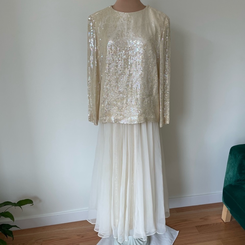Vintage Jeanette St Martin Ivory Silk Sequin Long Sleeve Midi Two Piece Dress S